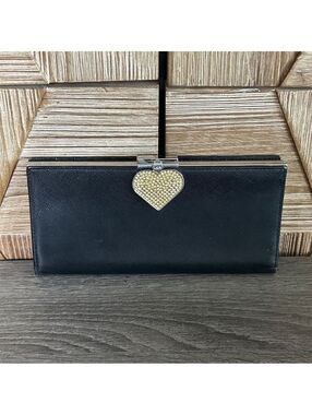 LOVCAT Black Leather Wallet Heart Charm Rhinestone Clutch Snap Closure